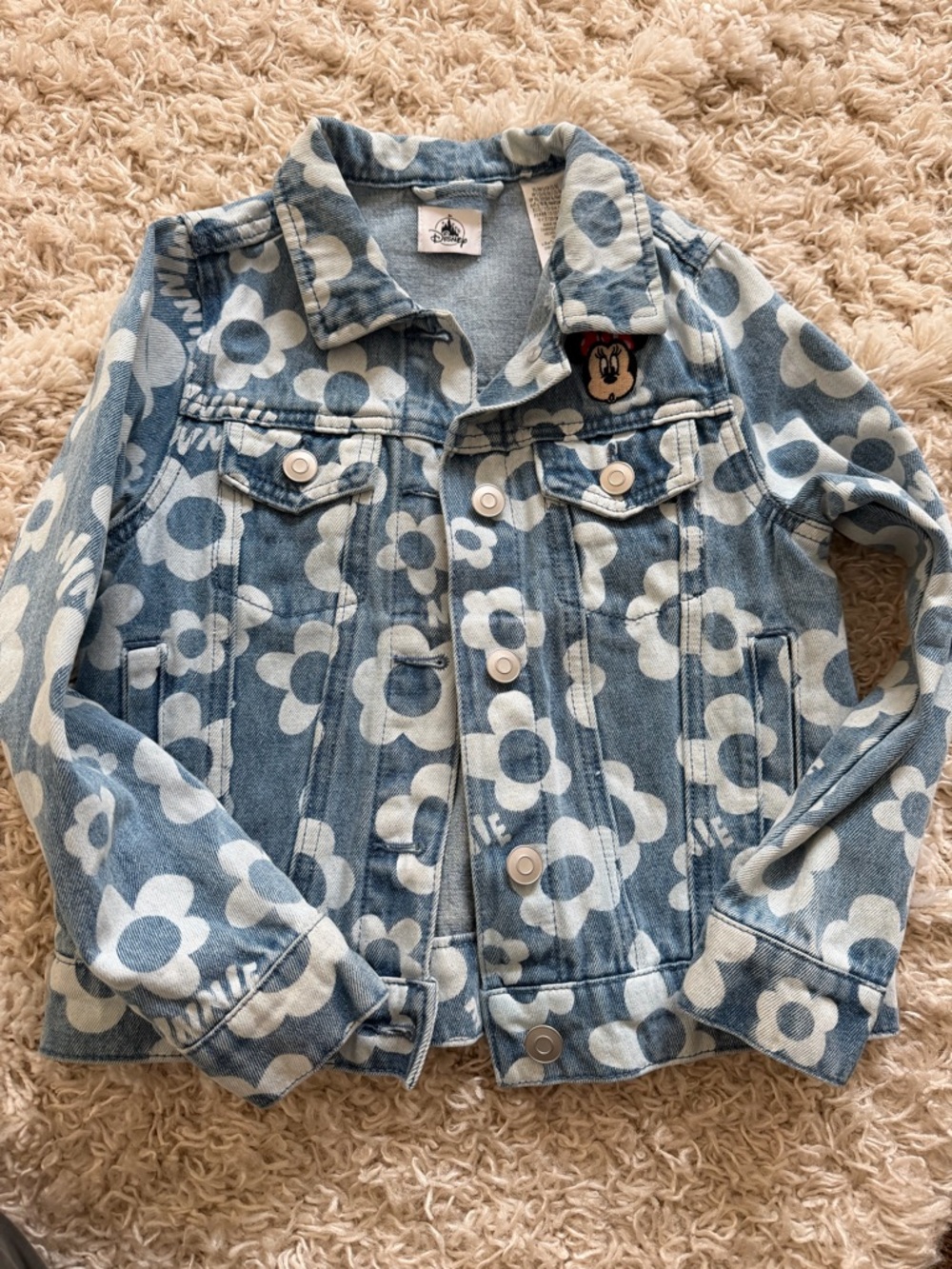 Disney Light Blue Denim Jacket with White Floral Print and Minnie Patch